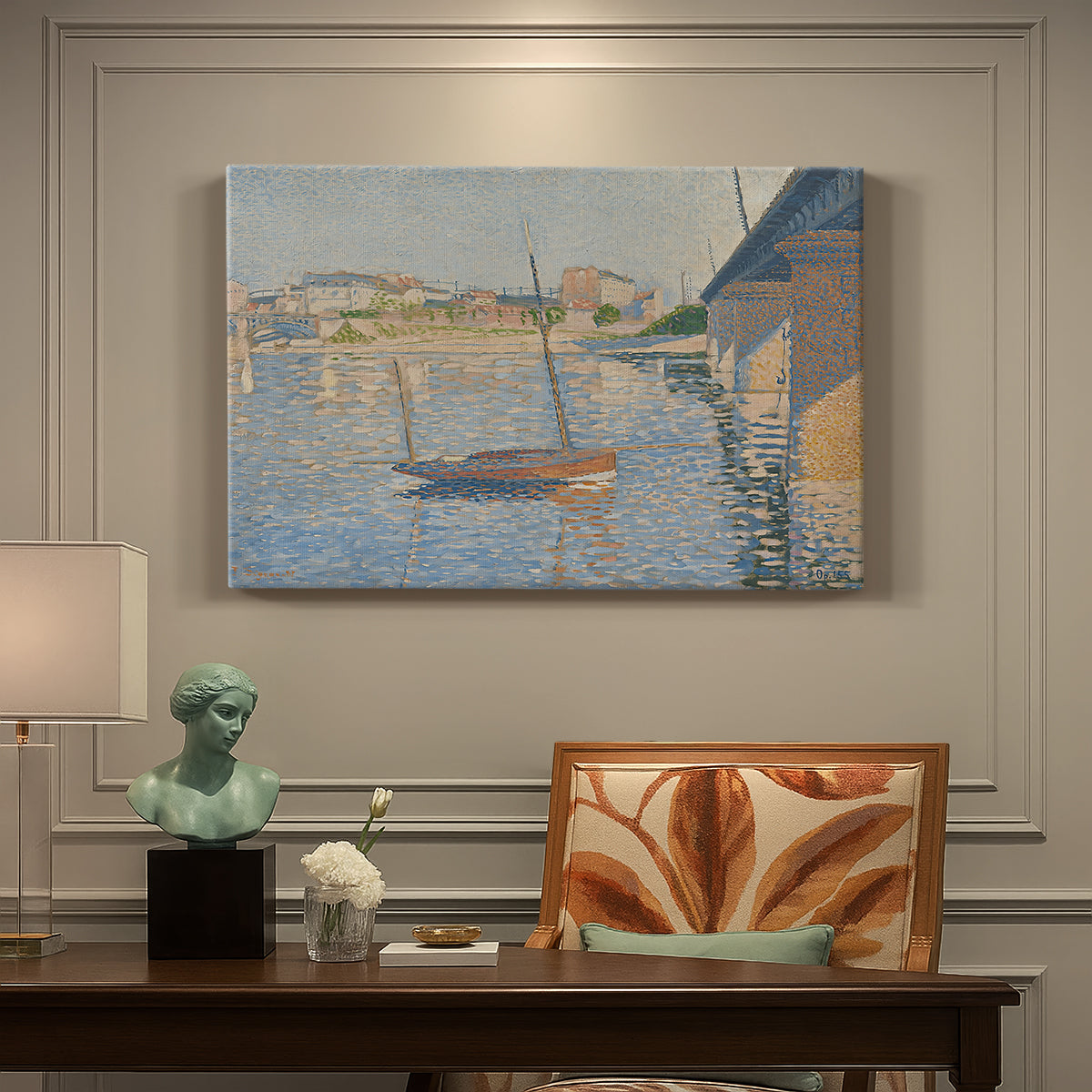 Canvas art print featuring boats docked along river with masts, presented within a refined interior setting