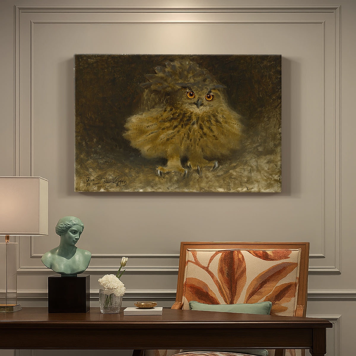 Canvas art print featuring a large owl perched on branch in shadowy natural forest setting, presented within a refined interior setting