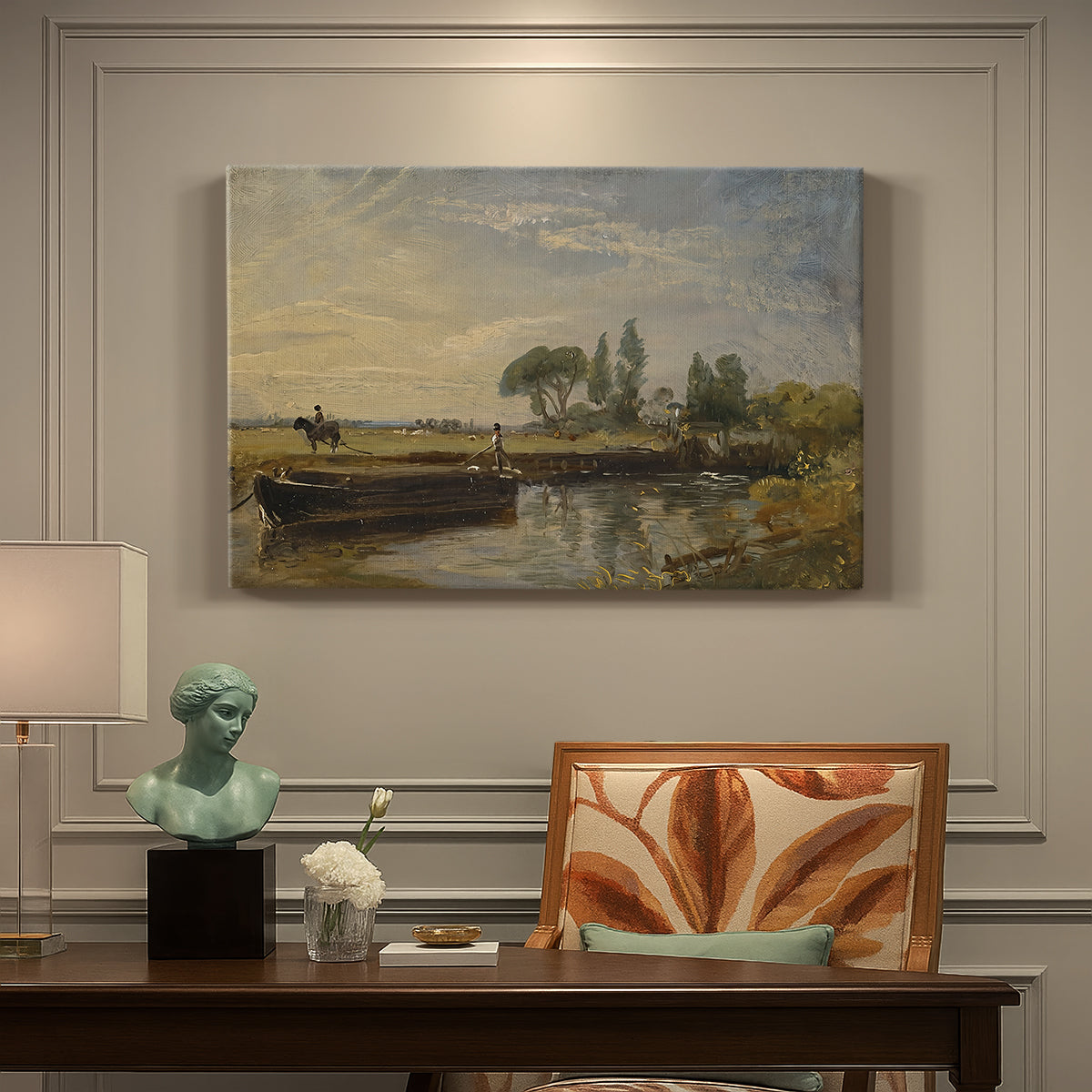 Canvas art print featuring a barge floating on river near lock with greenery, presented within a refined interior setting
