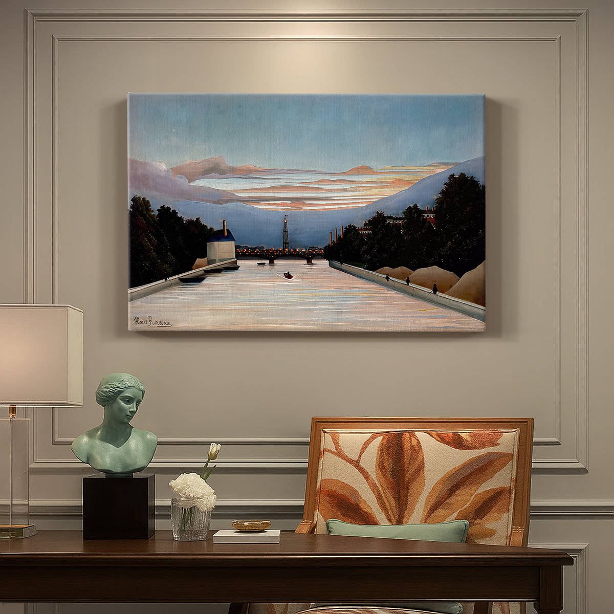 Canvas art print featuring the Eiffel Tower rising above landscape with trees and open sky, presented within a refined interior setting