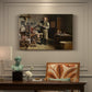 Canvas art print featuring a man working at printing table inside detailed workshop interior, presented within a refined interior setting