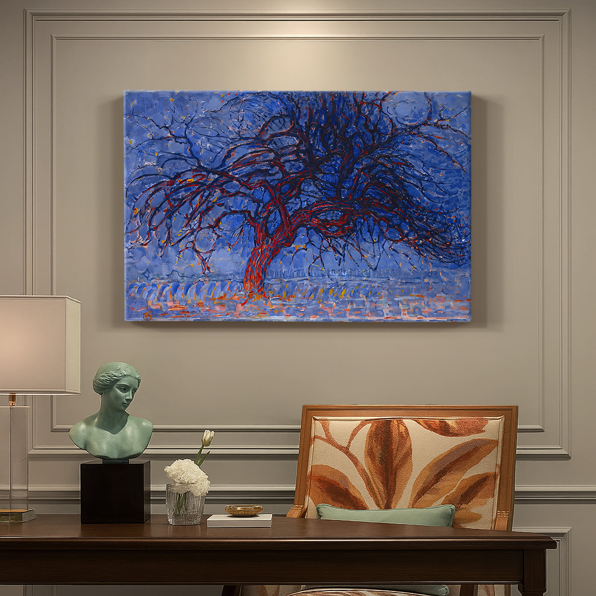 Canvas art print featuring a stylized red tree with branches against dark background, presented within a refined interior setting