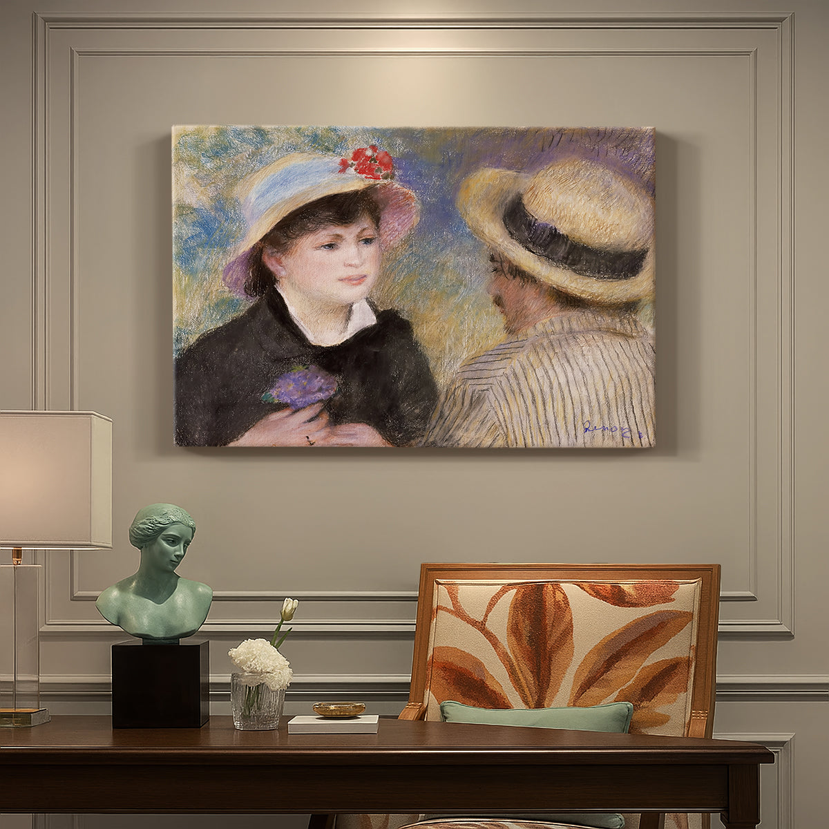 Canvas art print featuring a close-up of a couple seated together outdoors with hats and soft sunlight, presented within a refined interior setting