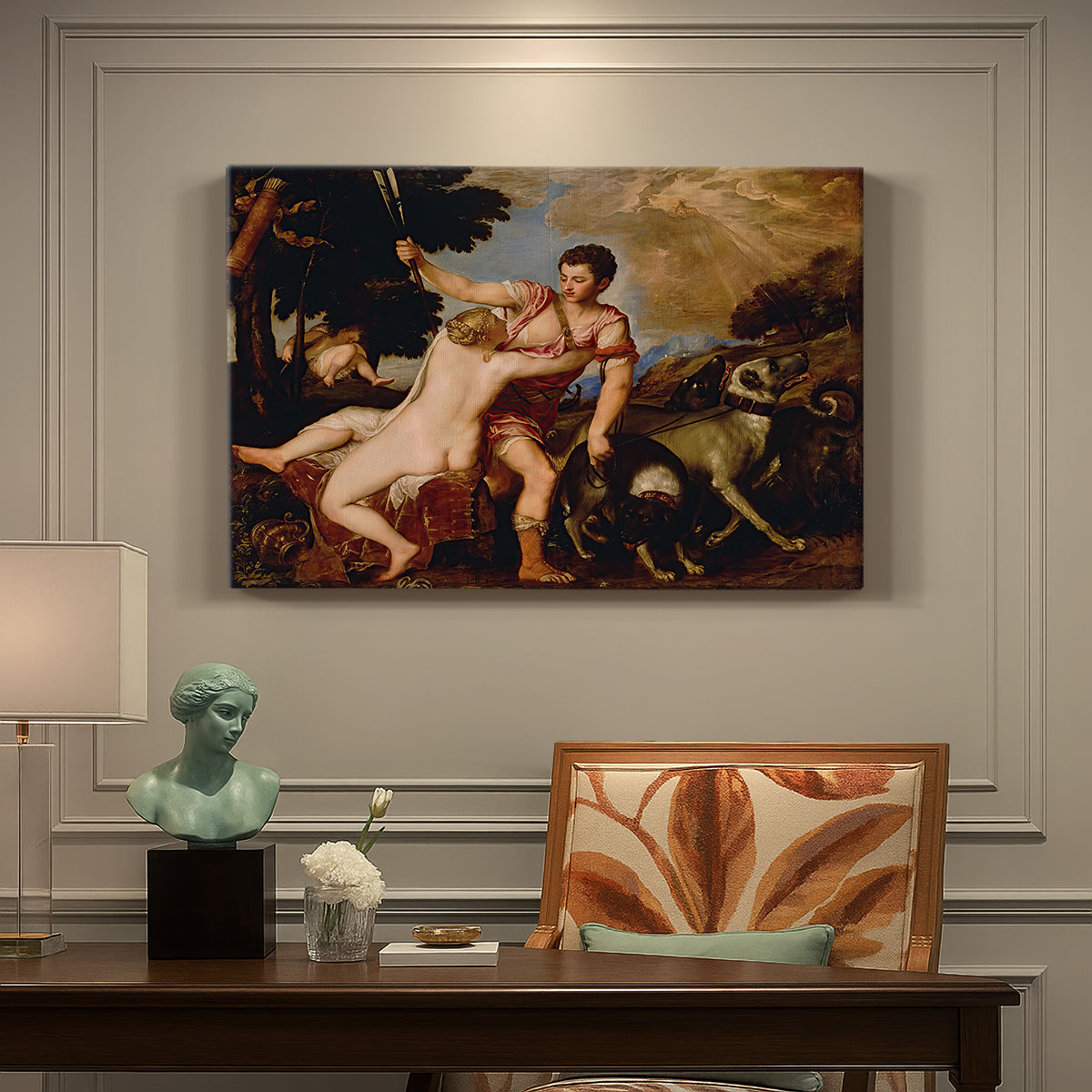 Canvas art print featuring a mythological couple in dramatic embrace as Adonis prepares to depart, presented within a refined interior setting