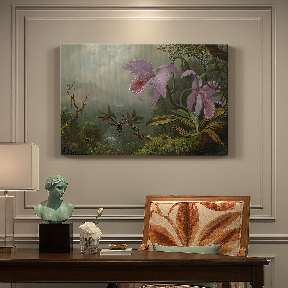 Canvas art print featuring two hummingbirds perched on branch with foliage, presented within a refined interior setting