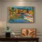Canvas art print featuring a semi-abstract landscape with boats and shoreline suggested through bold color areas, presented within a refined interior setting