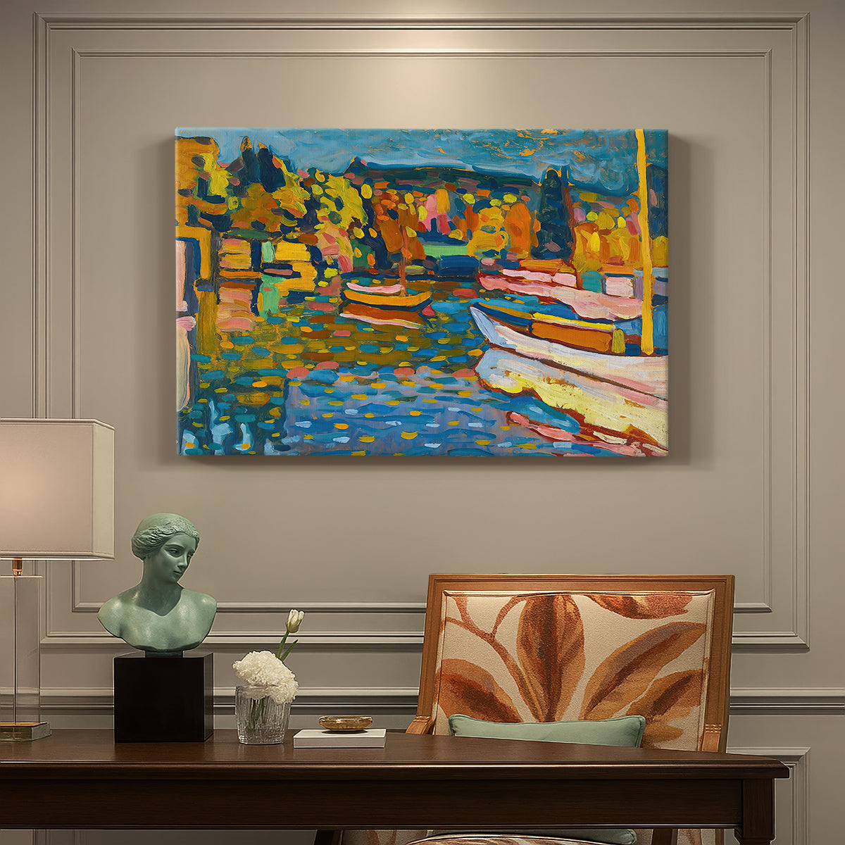 Canvas art print featuring a semi-abstract landscape with boats and shoreline suggested through bold color areas, presented within a refined interior setting