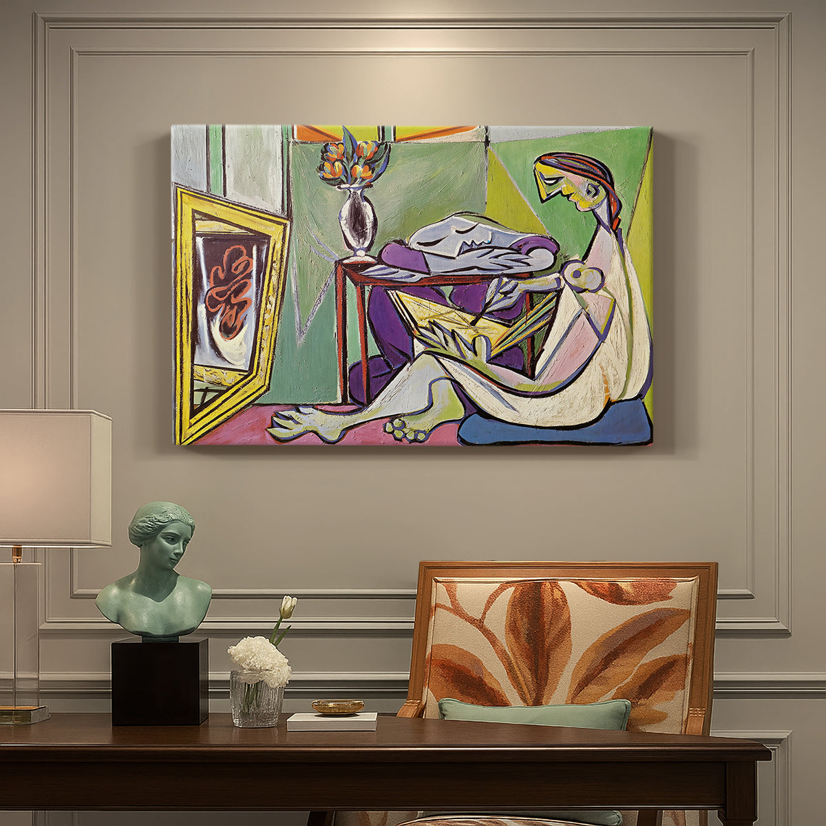 Canvas art print featuring an abstract female figure composed of geometric shapes, presented within a refined interior setting