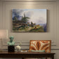 Canvas art print featuring a farmhouse with livestock set within mountainous alpine landscape, presented within a refined interior setting