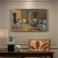 Canvas art print featuring ballet dancers gathered in rehearsal hall with mirrors and columns, presented within a refined interior setting