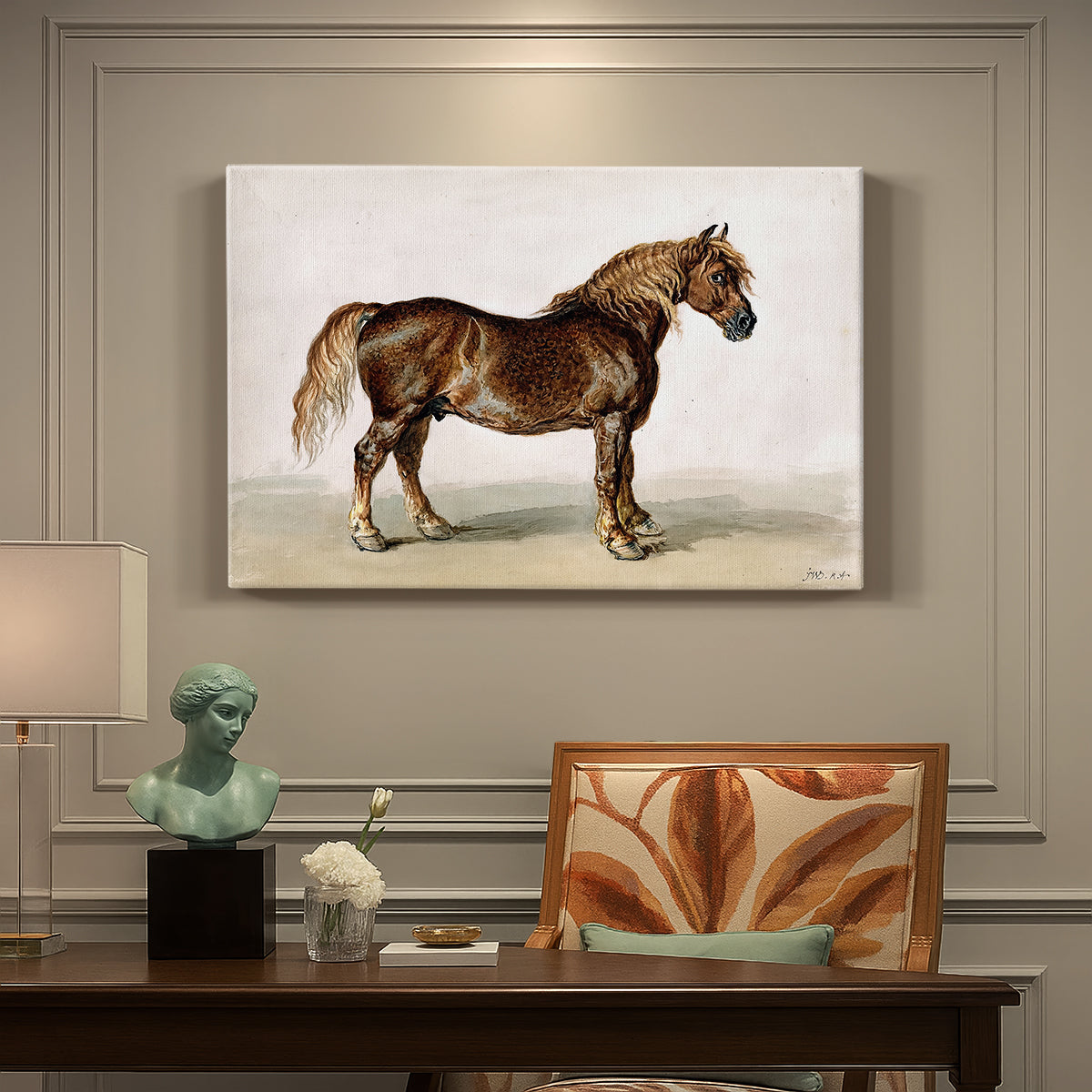 Canvas art print featuring a sturdy cart horse standing in profile against plain background, presented within a refined interior setting