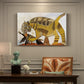 Canvas art print featuring a stylized cat holding bird in mouth with angular forms, presented within a refined interior setting
