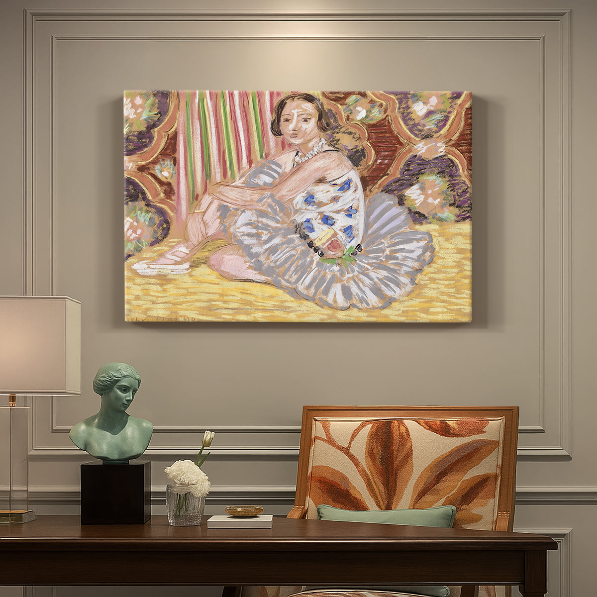 Canvas art print featuring a dancer figure posed in a decorative interior, presented within a refined interior setting