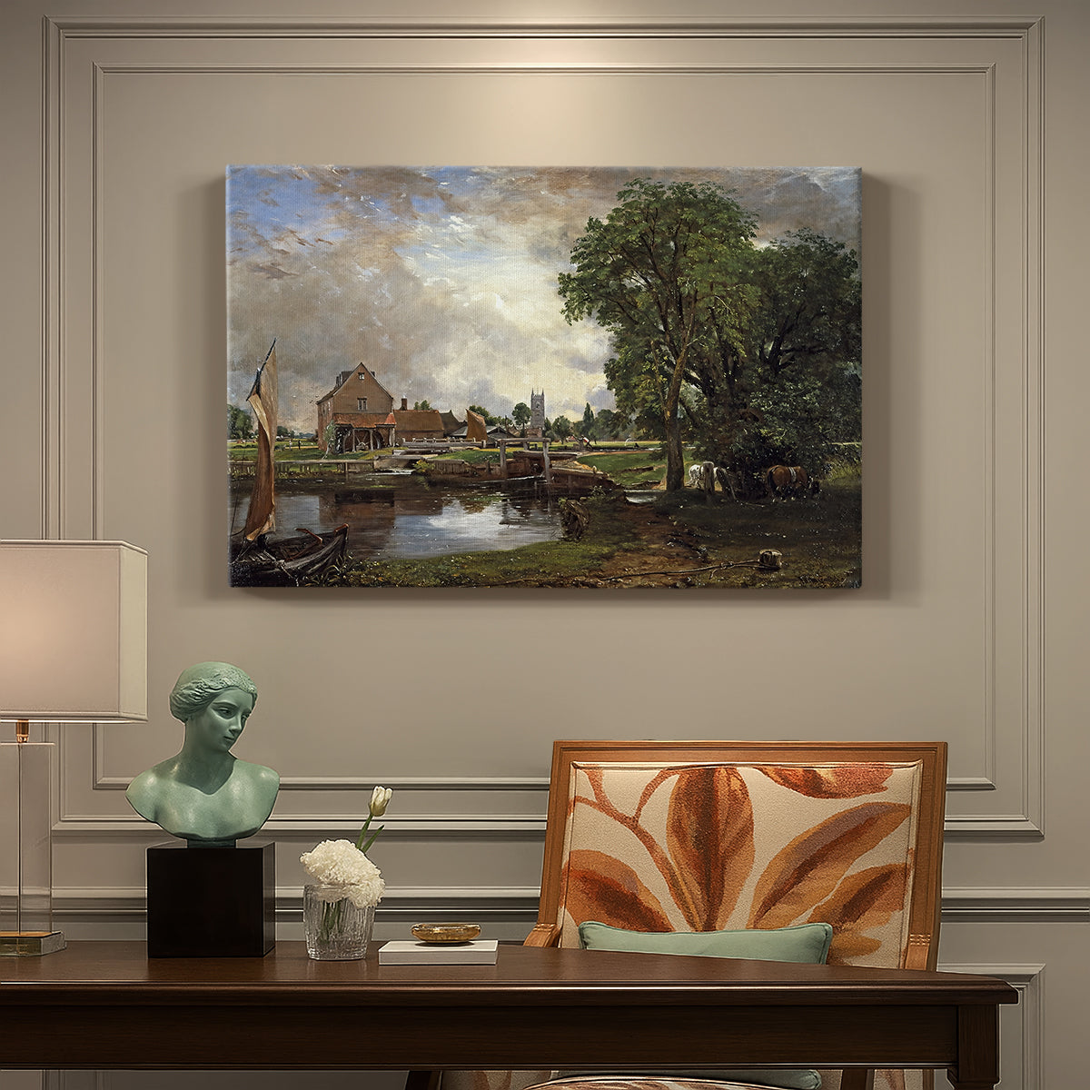 Canvas art print featuring a watermill and lock beside river with trees, presented within a refined interior setting