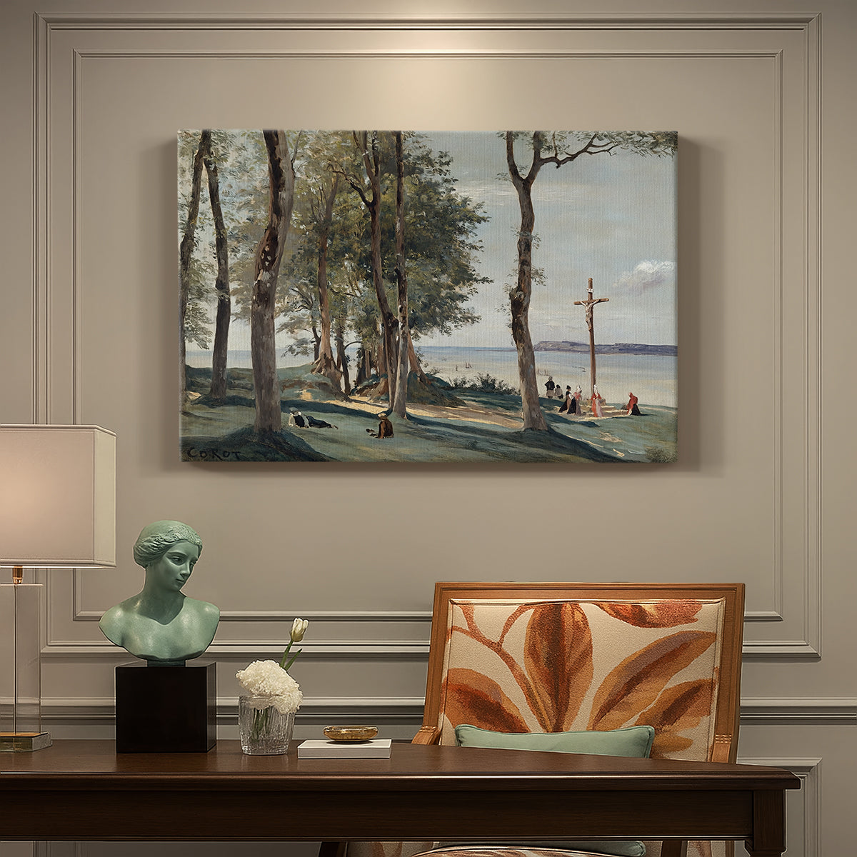 Canvas art print featuring a hillside landscape with religious cross overlooking trees and distant terrain, presented within a refined interior setting