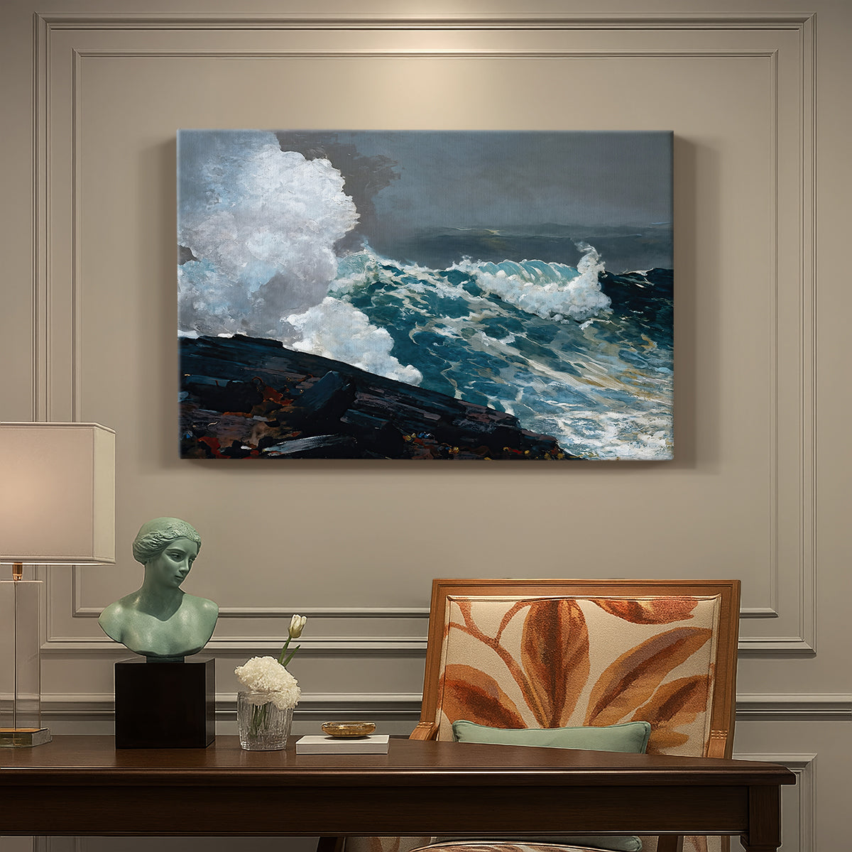 Canvas art print featuring powerful waves crashing against rocky coast under stormy sky, presented within a refined interior setting