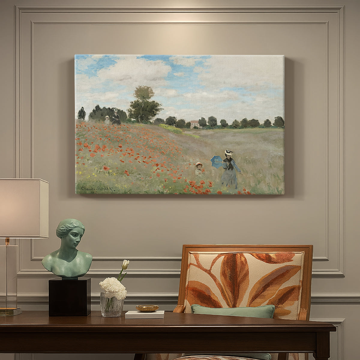 Canvas art print featuring a field of red poppies with figures walking across rolling landscape, presented within a refined interior setting