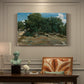 Canvas art print featuring large oak trees dominating forest landscape with open ground beneath, presented within a refined interior setting