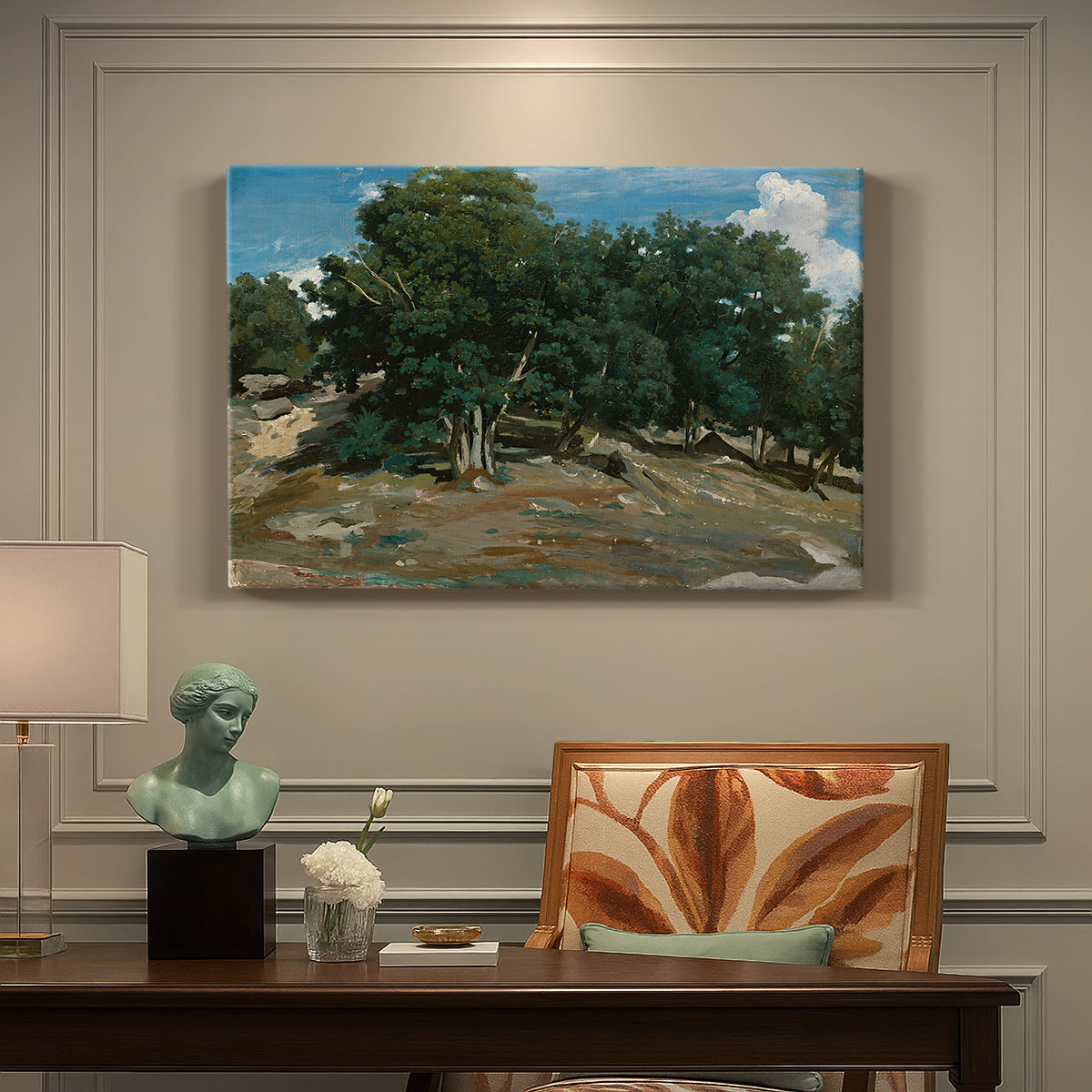 Canvas art print featuring large oak trees dominating forest landscape with open ground beneath, presented within a refined interior setting