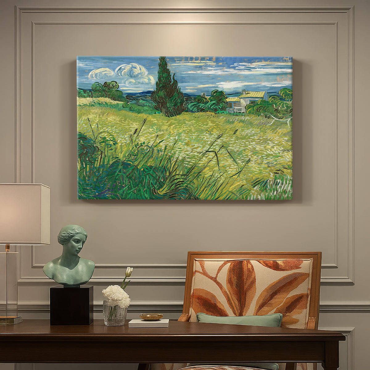 Canvas art print featuring a wheat field with tall cypress tree rising against vivid sky, presented within a refined interior setting