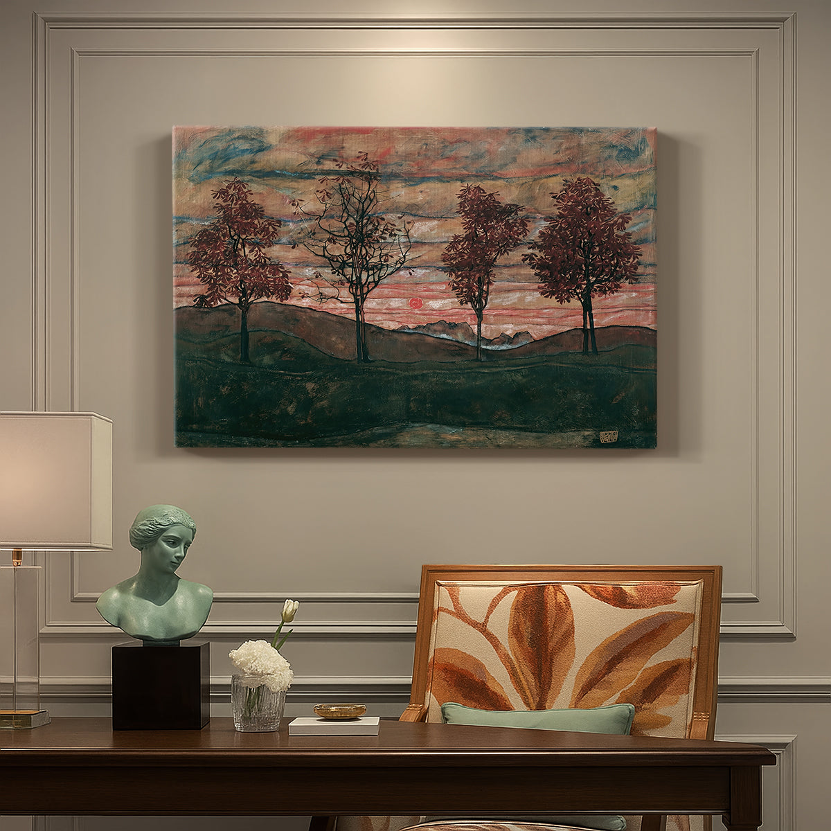 Canvas art print featuring four trees standing in open landscape against colorful sky, presented within a refined interior setting