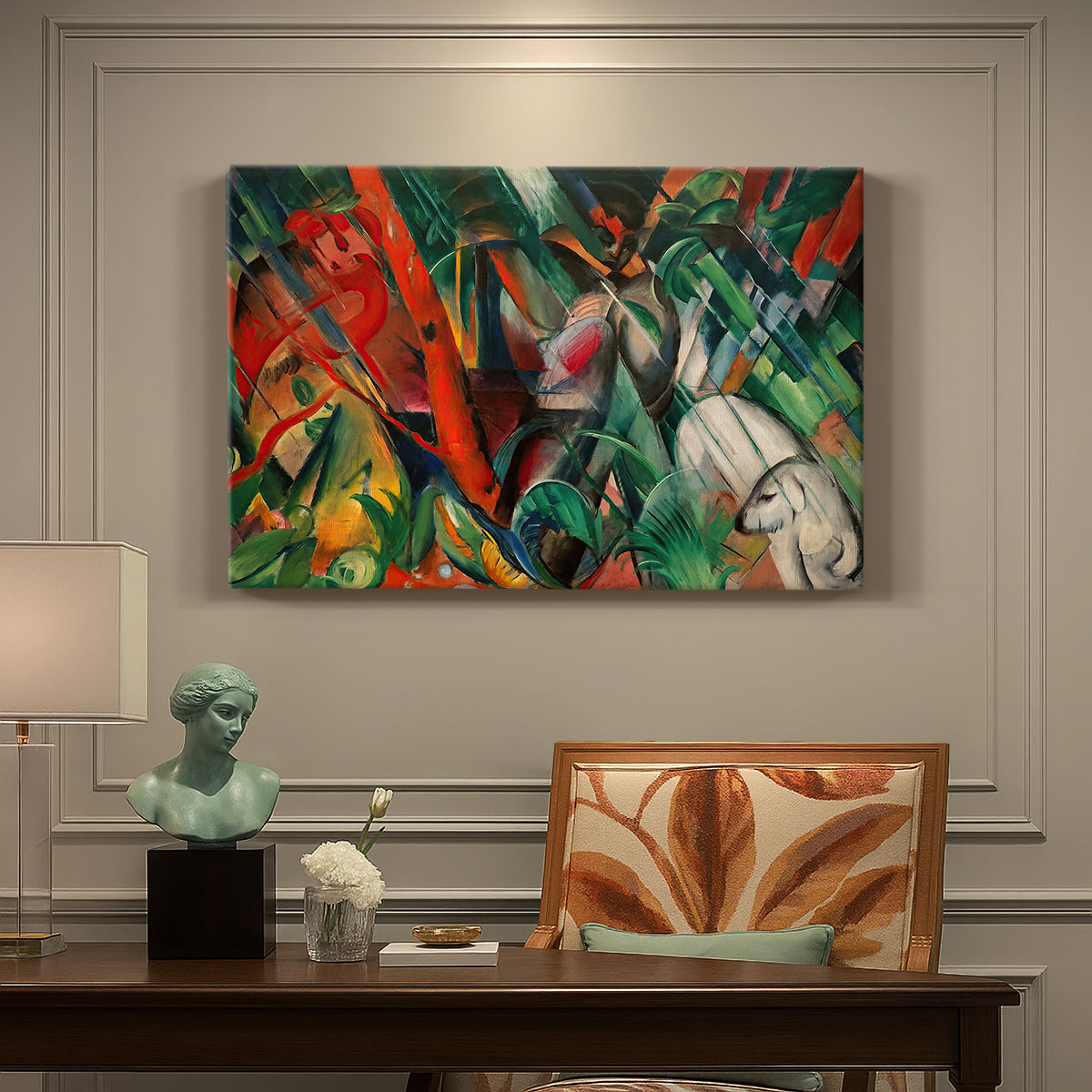 Canvas art print featuring an abstract composition suggesting rainfall through diagonal lines and color patterns, presented within a refined interior setting
