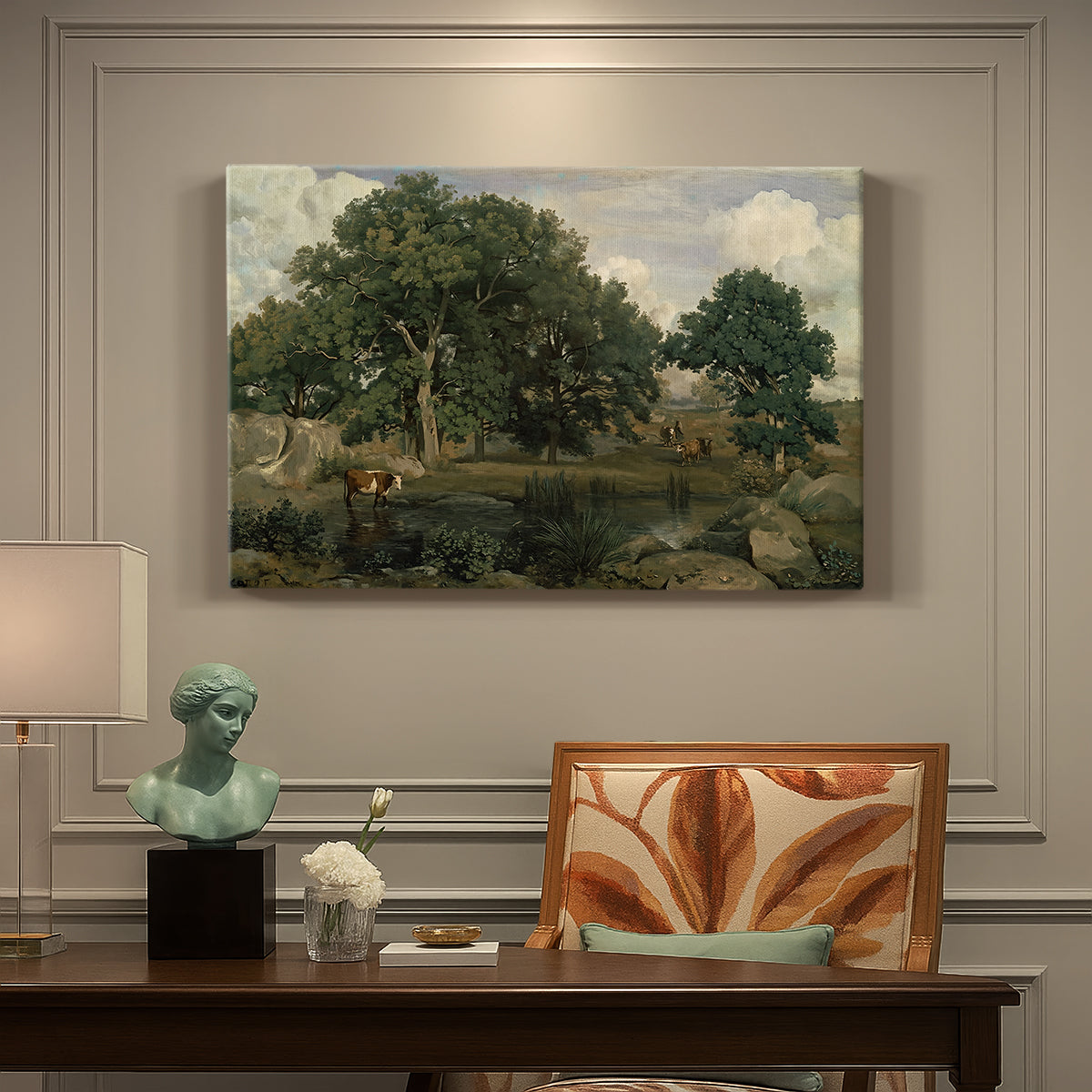 Canvas art print featuring a dense forest landscape with trees and filtered light across ground, presented within a refined interior setting