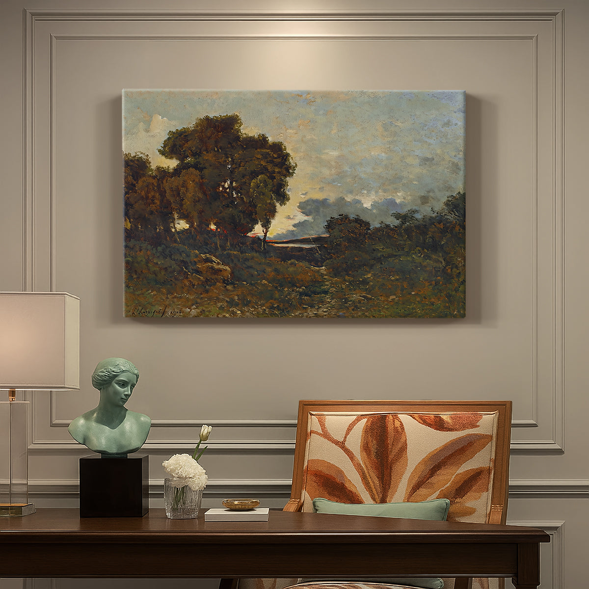 Canvas art print featuring a warm sunset over river landscape with glowing sky and reflections, presented within a refined interior setting