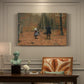 Canvas art print featuring a man and children walking together through forest carrying tools, presented within a refined interior setting