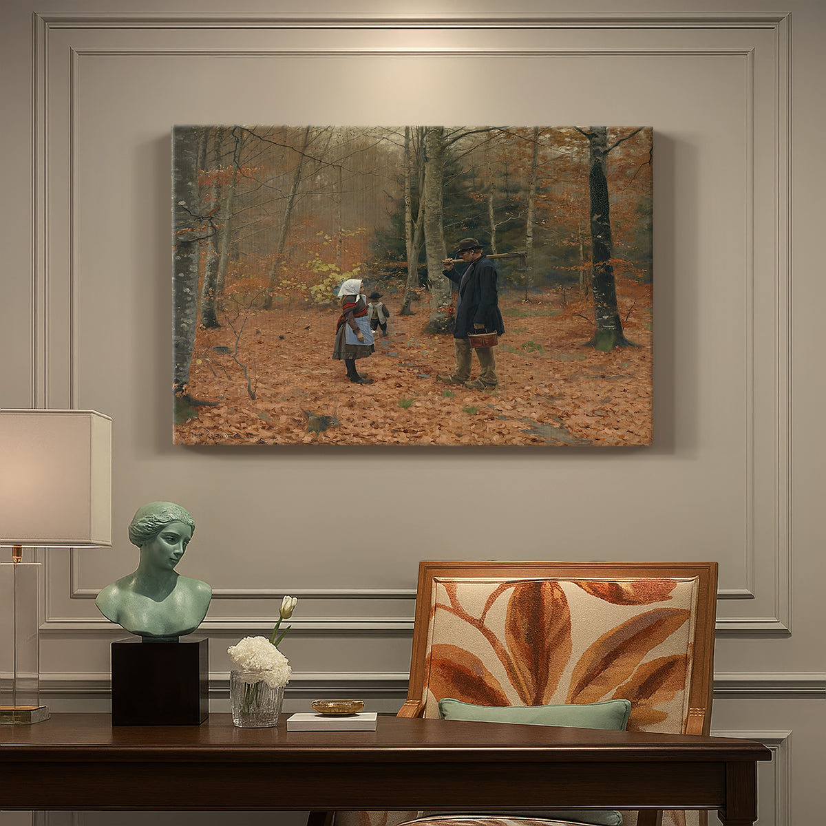 Canvas art print featuring a man and children walking together through forest carrying tools, presented within a refined interior setting