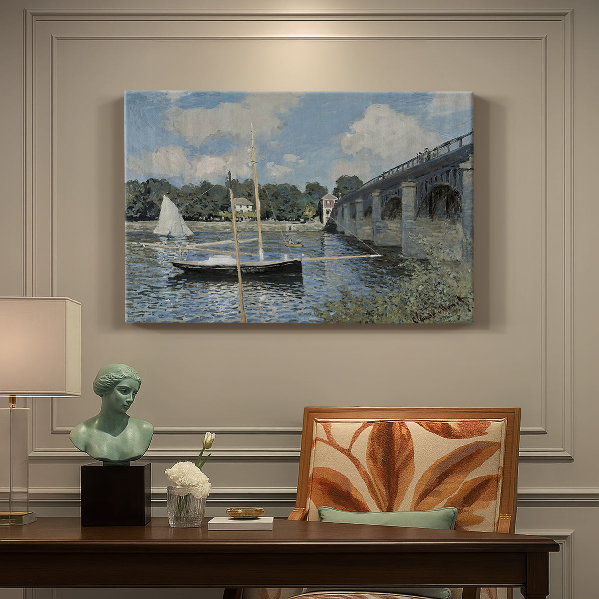 Canvas art print featuring a bridge spanning river with sailboats and reflections in bright daylight, presented within a refined interior setting