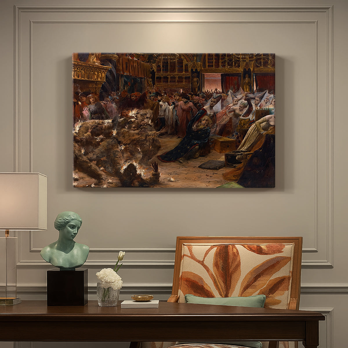 Canvas art print featuring a crowded interior scene with figures gathered around glowing central spectacle, presented within a refined interior setting