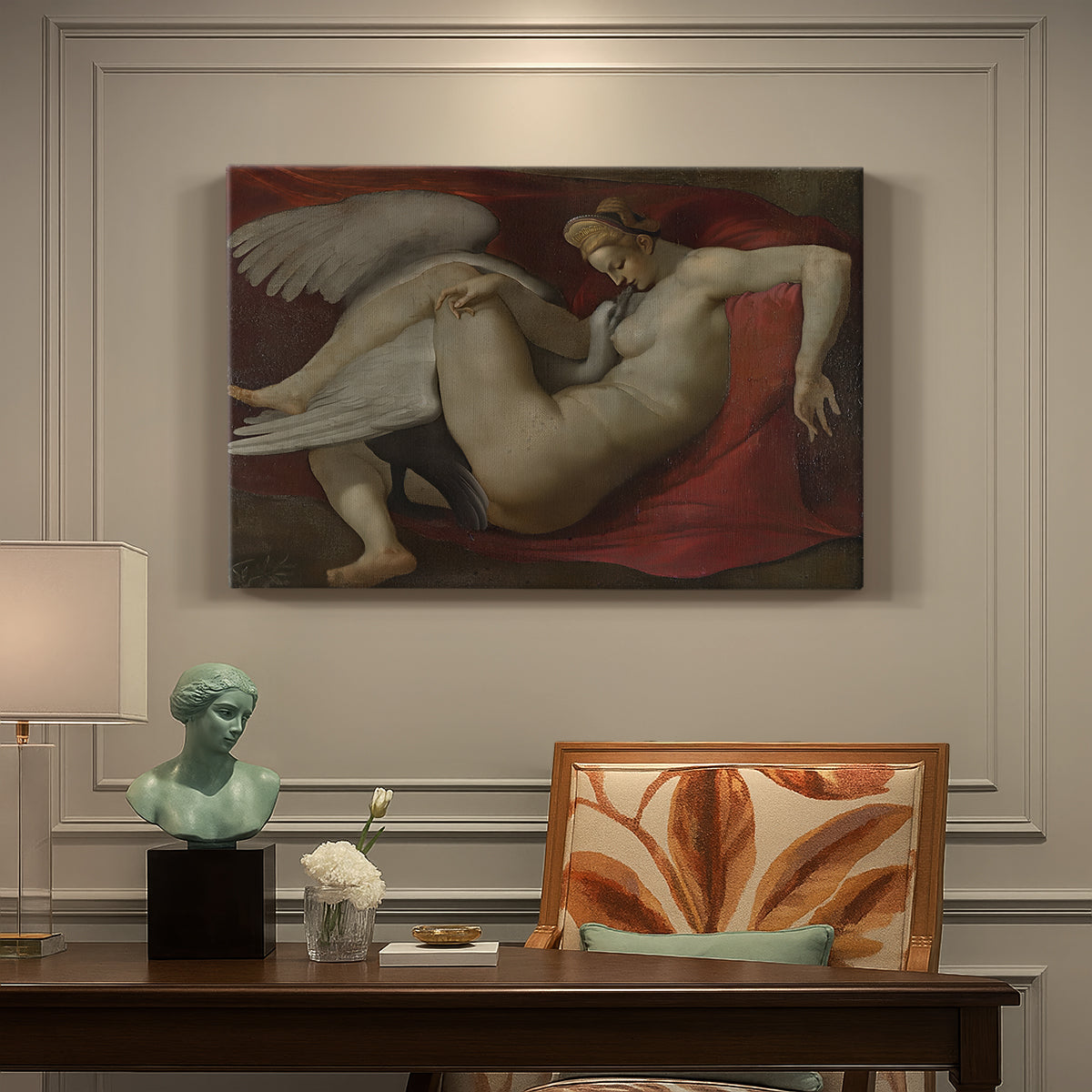 Canvas art print featuring a reclining female figure interacting with swan in mythological setting, presented within a refined interior setting