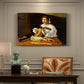 Canvas art print featuring a young man playing lute surrounded by sheet music and still life objects, presented within a refined interior setting
