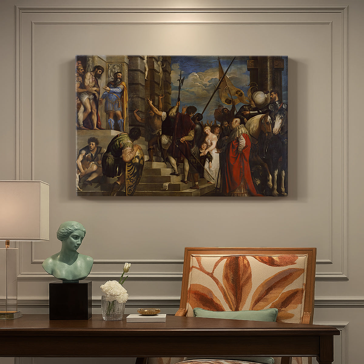Canvas art print featuring a crowded religious scene with central figure presented before gathered crowd, presented within a refined interior setting