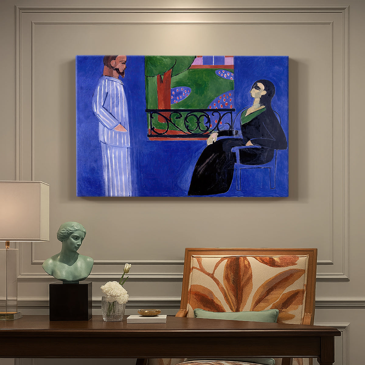 Canvas art print featuring two figures standing in an interior with strong contrasting colors, presented within a refined interior setting
