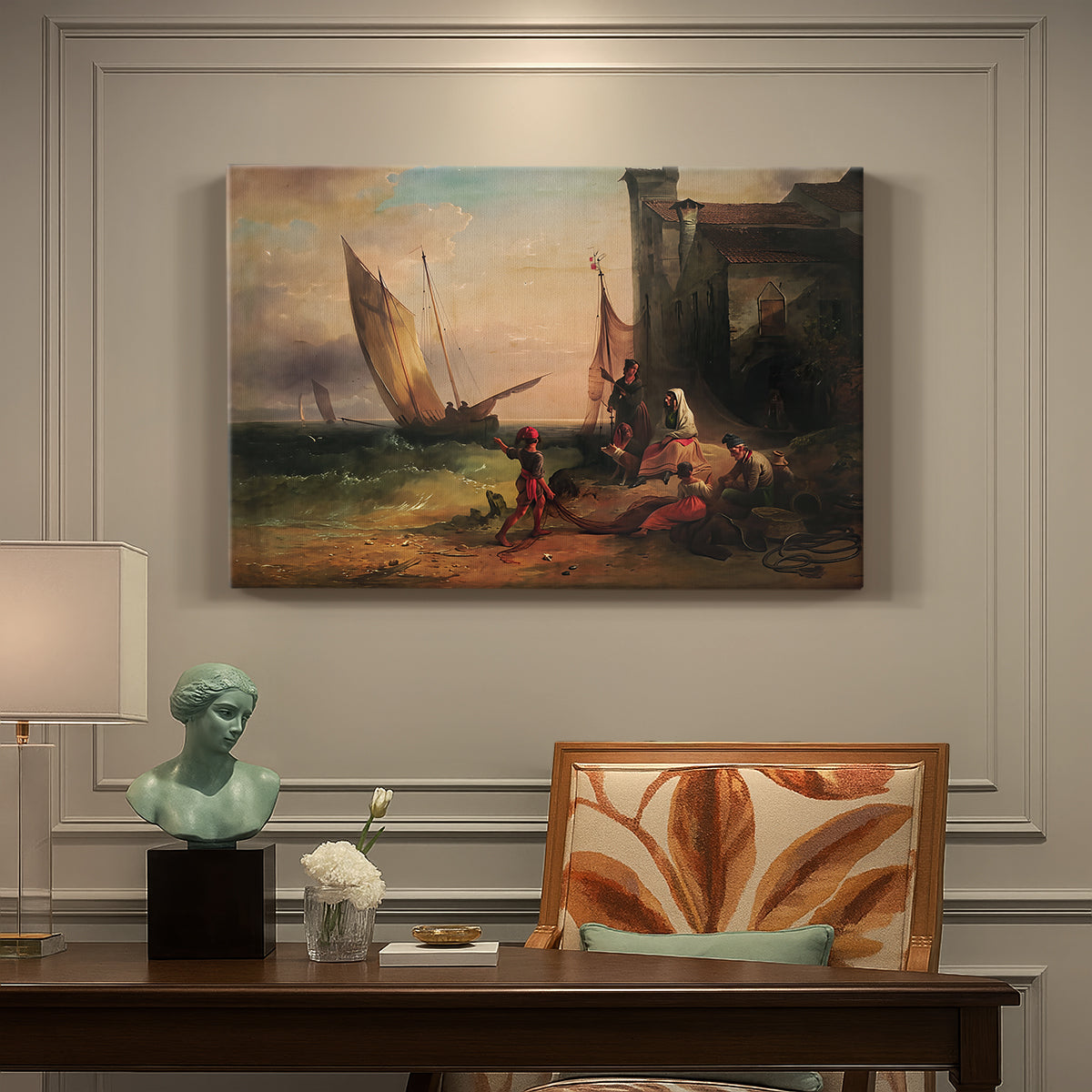 Canvas art print featuring a family gathered near boats and water, presented within a refined interior setting