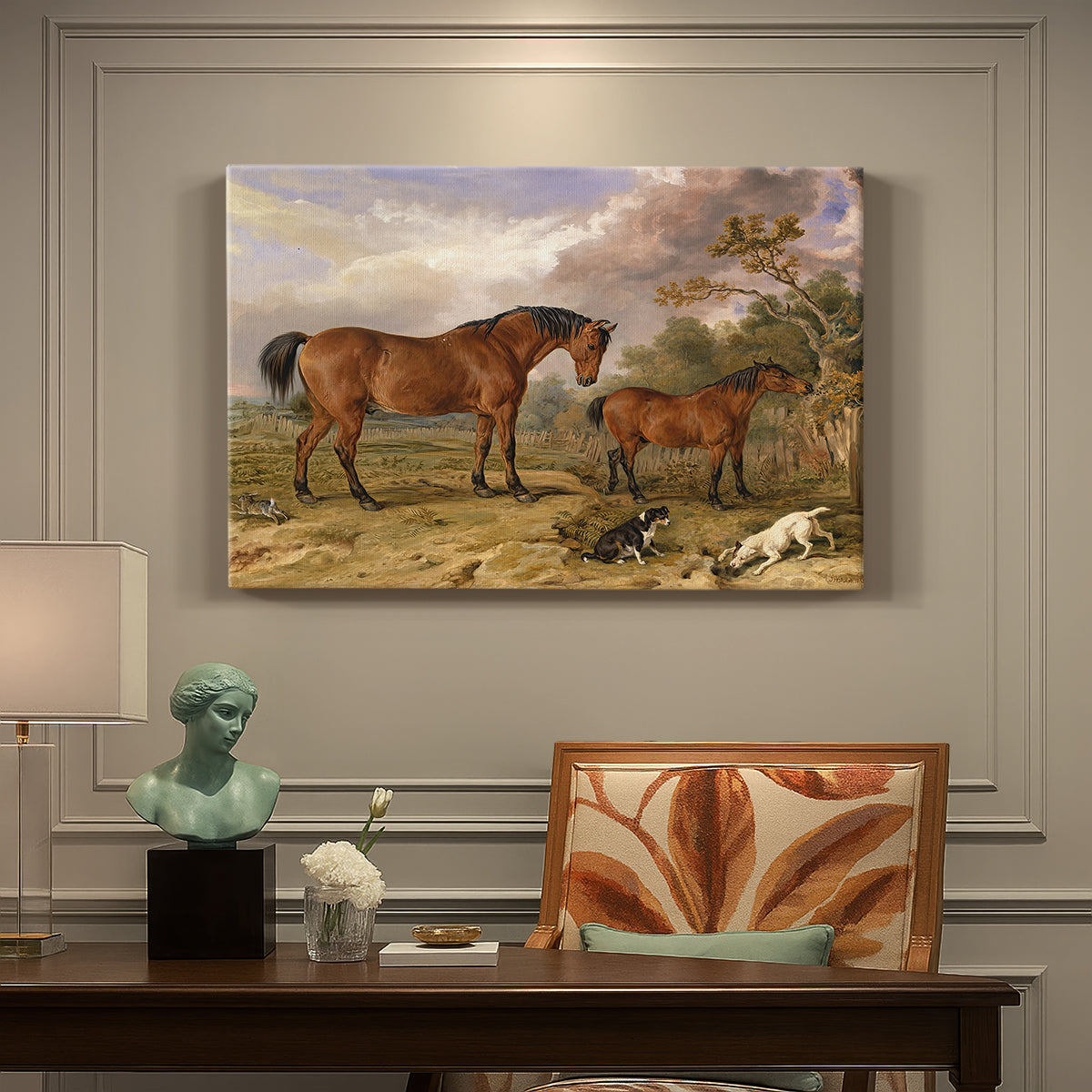 Canvas art print featuring a group of horses gathered together in landscape setting, presented within a refined interior setting