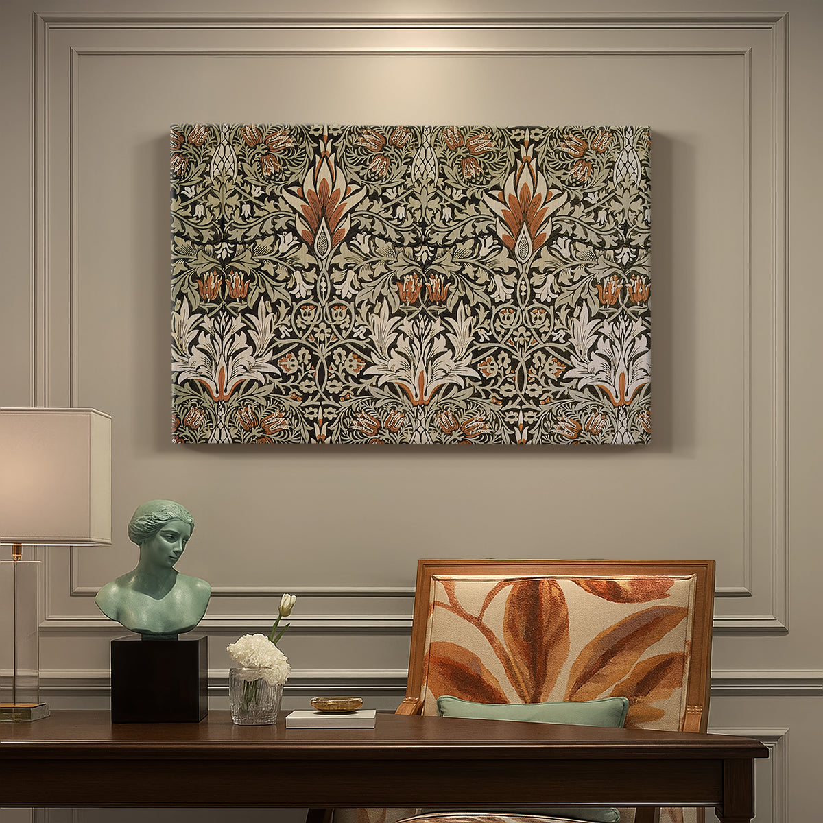 Canvas art print featuring a repeating floral pattern with dark background and warm-toned plant forms, presented within a refined interior setting