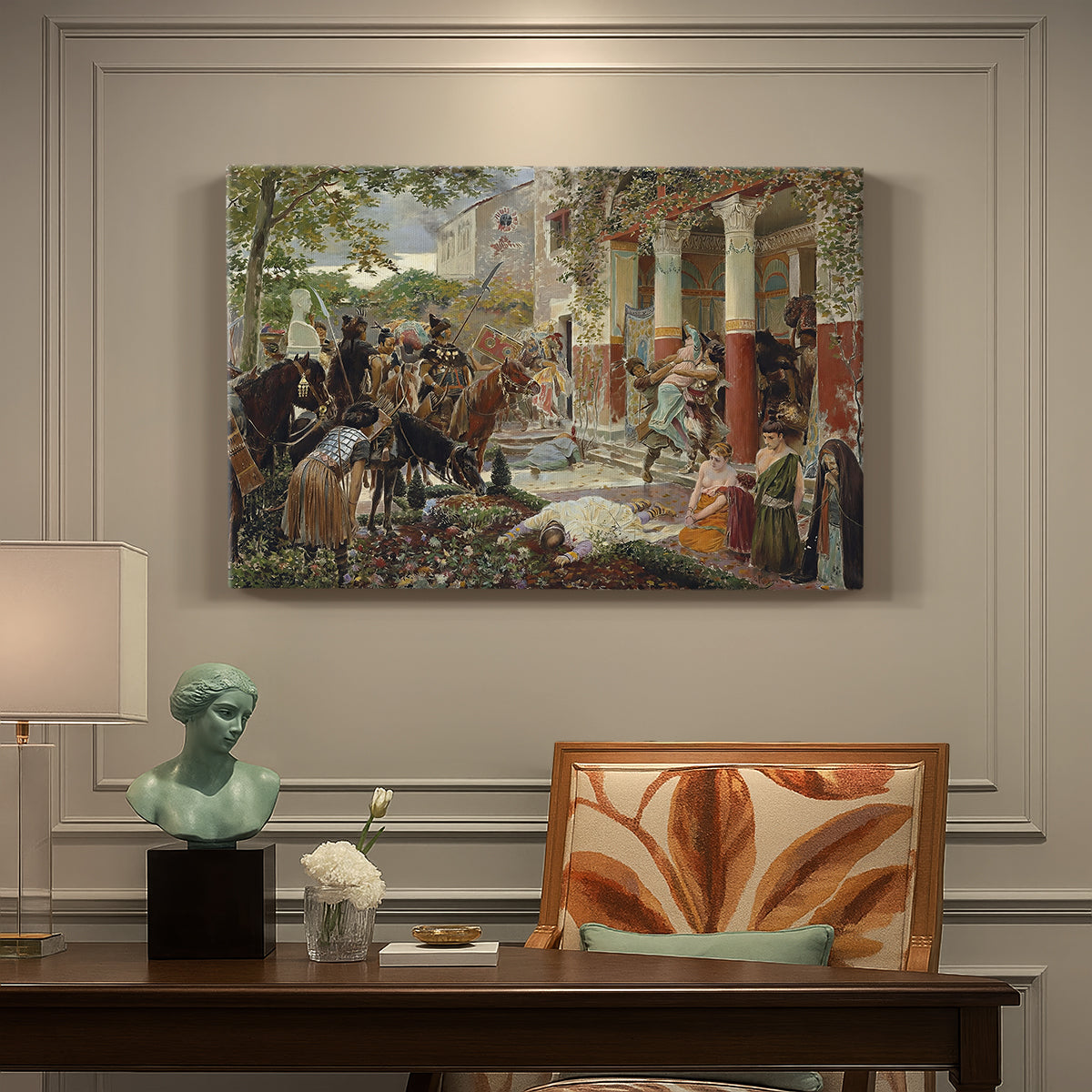 Canvas art print featuring a chaotic battle scene with mounted warriors charging across landscape, presented within a refined interior setting