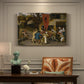 Canvas art print featuring villagers gathered outdoors celebrating in festive scene, presented within a refined interior setting
