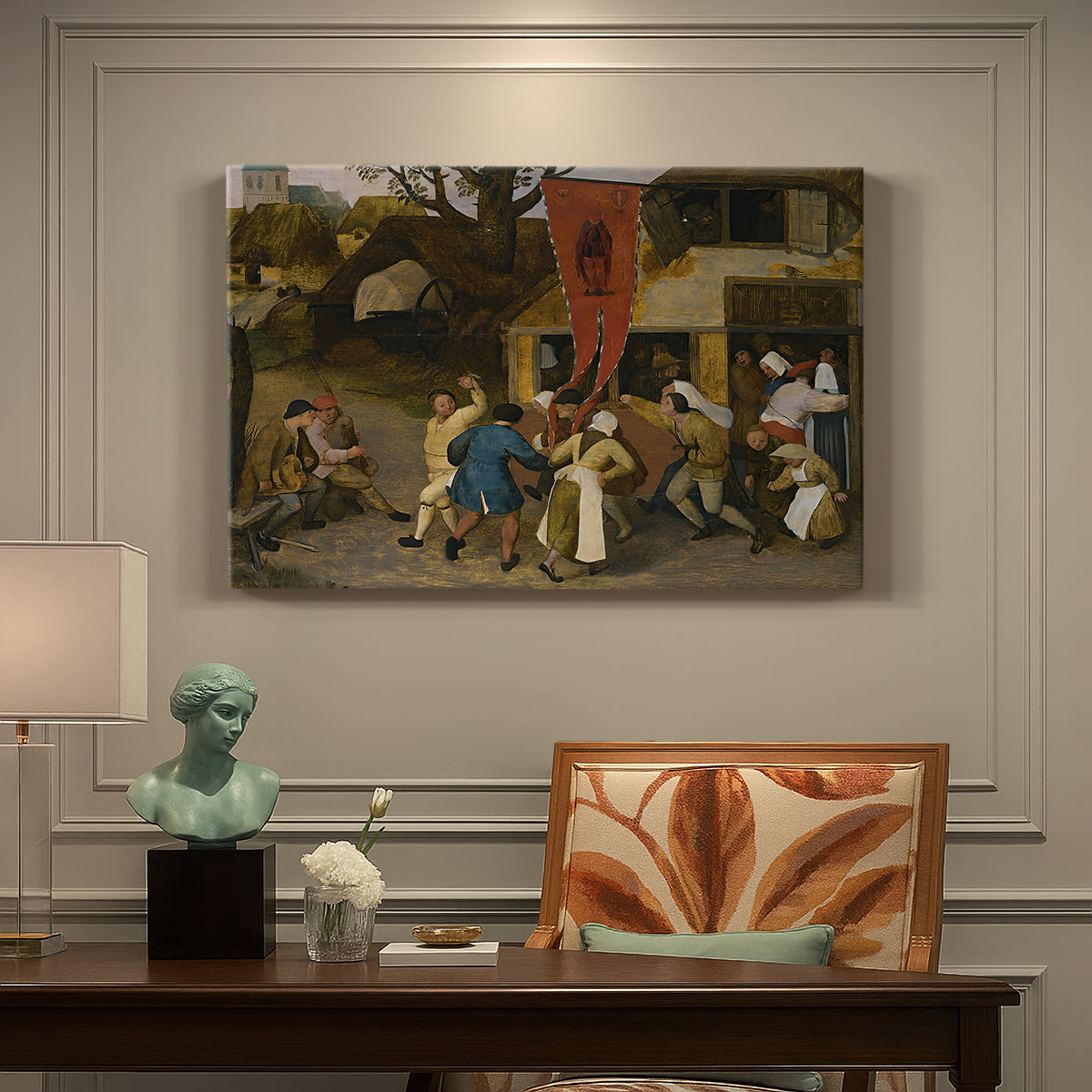 Canvas art print featuring villagers gathered outdoors celebrating in festive scene, presented within a refined interior setting
