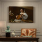 Canvas art print featuring a young musician playing lute beside table with fruit and sheet music, presented within a refined interior setting