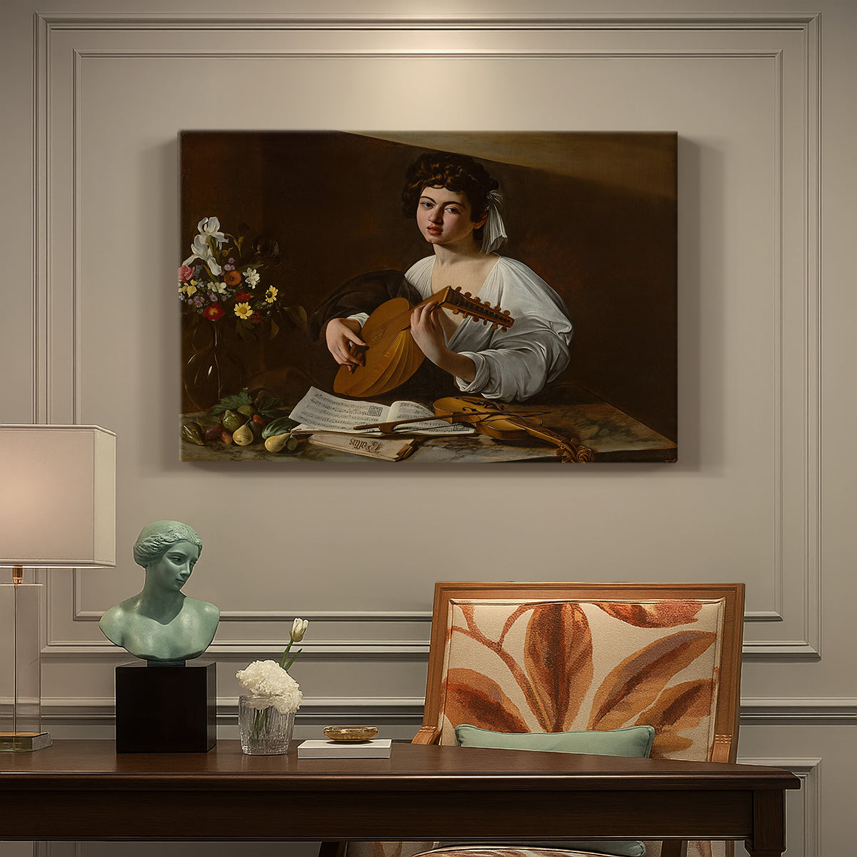 Canvas art print featuring a young musician playing lute beside table with fruit and sheet music, presented within a refined interior setting