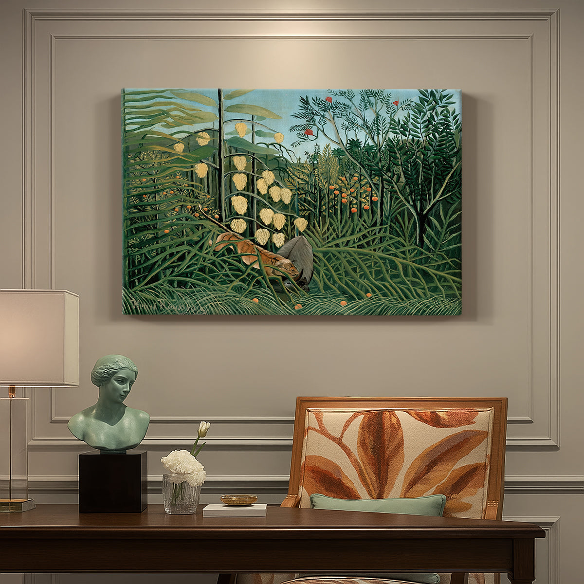 Canvas art print featuring a tiger attacking buffalo in dense jungle filled with foliage, presented within a refined interior setting