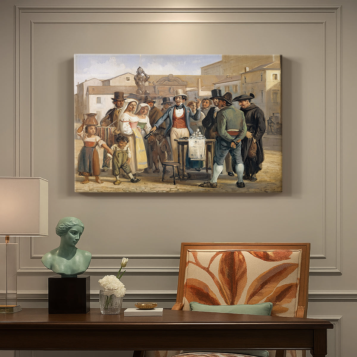 Canvas art print featuring a street scene with crowd gathered around vendor demonstrating product, presented within a refined interior setting