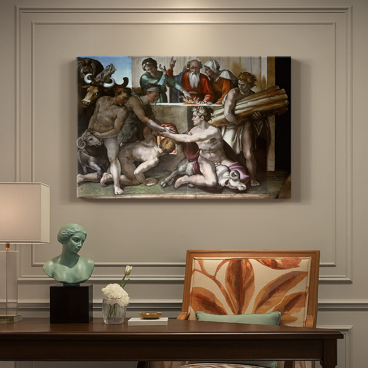 Canvas art print featuring a group of figures around altar performing sacrificial ritual, presented within a refined interior setting