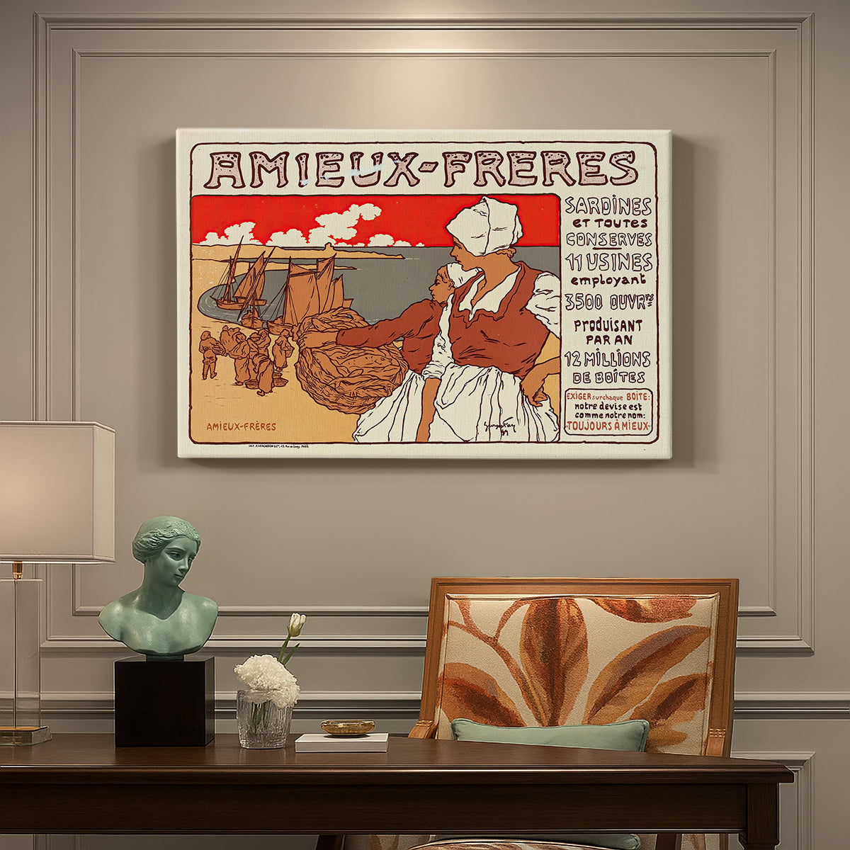 Canvas art print featuring a vintage Art Nouveau advertisement poster with illustrated figures and decorative typography, presented within a refined interior setting