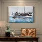 Canvas art print featuring workers transferring supplies between boat and larger vessel on water, presented within a refined interior setting