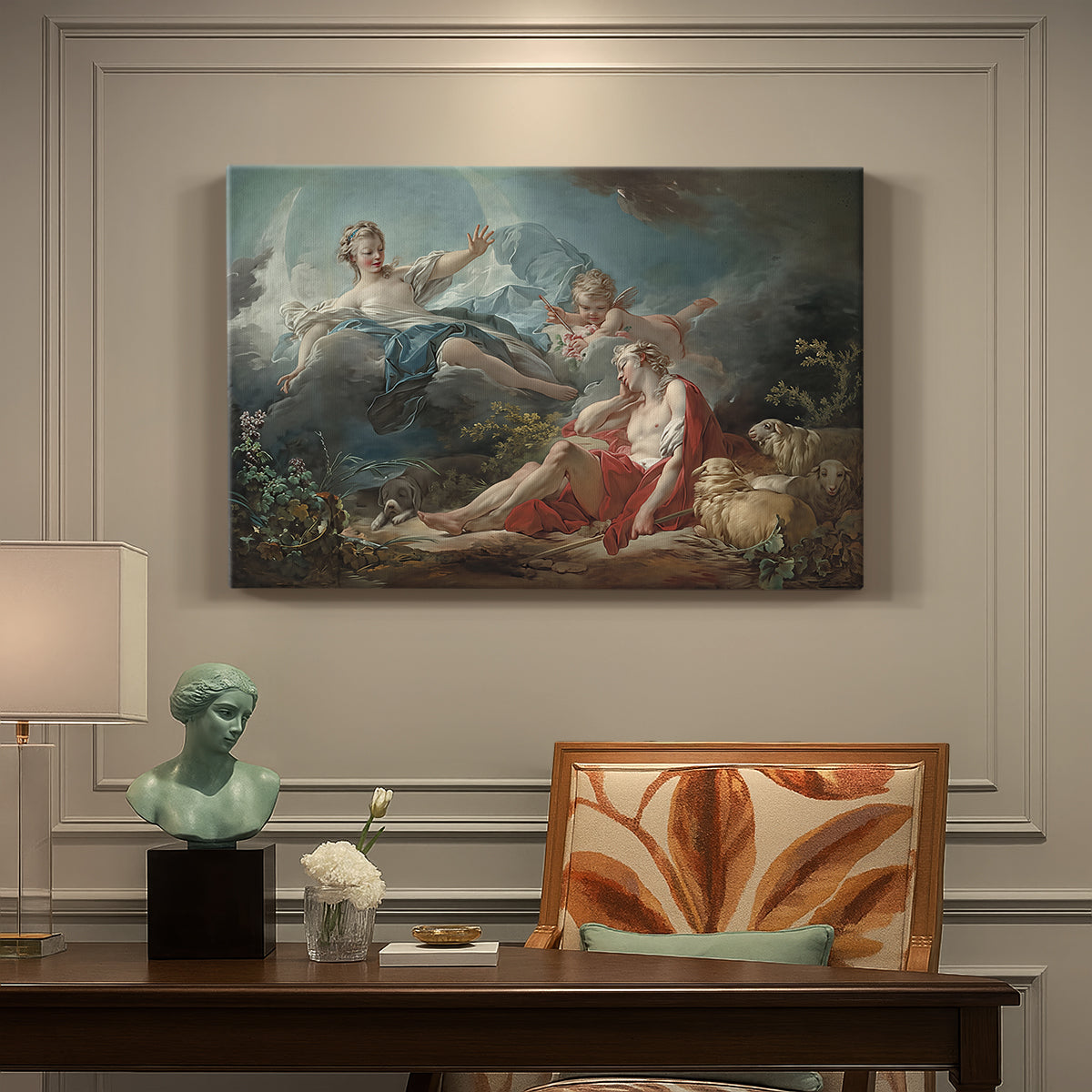 Canvas art print featuring a reclining male figure with female figure approaching in mythological landscape, presented within a refined interior setting